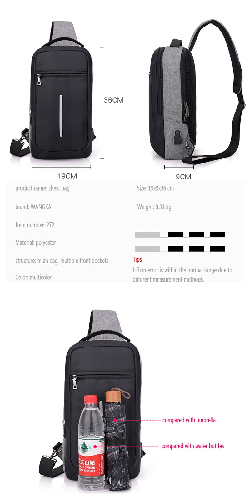 Anti-theft USB charging chest bag with you