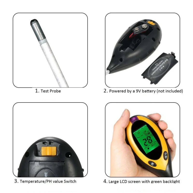PH Soil Tester Soil Moisture Monitor Sunlight Temp Testers Acidity Alkali Test Tool Garden Plant Thermometer Hygrometer
