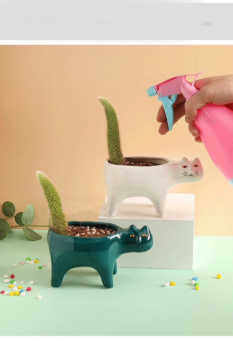 Cute Cat Ceramic Garden Flower Pot Animal Image Cactus Plants Planter Succulent Plant Container Tabletop Ornaments Decoration