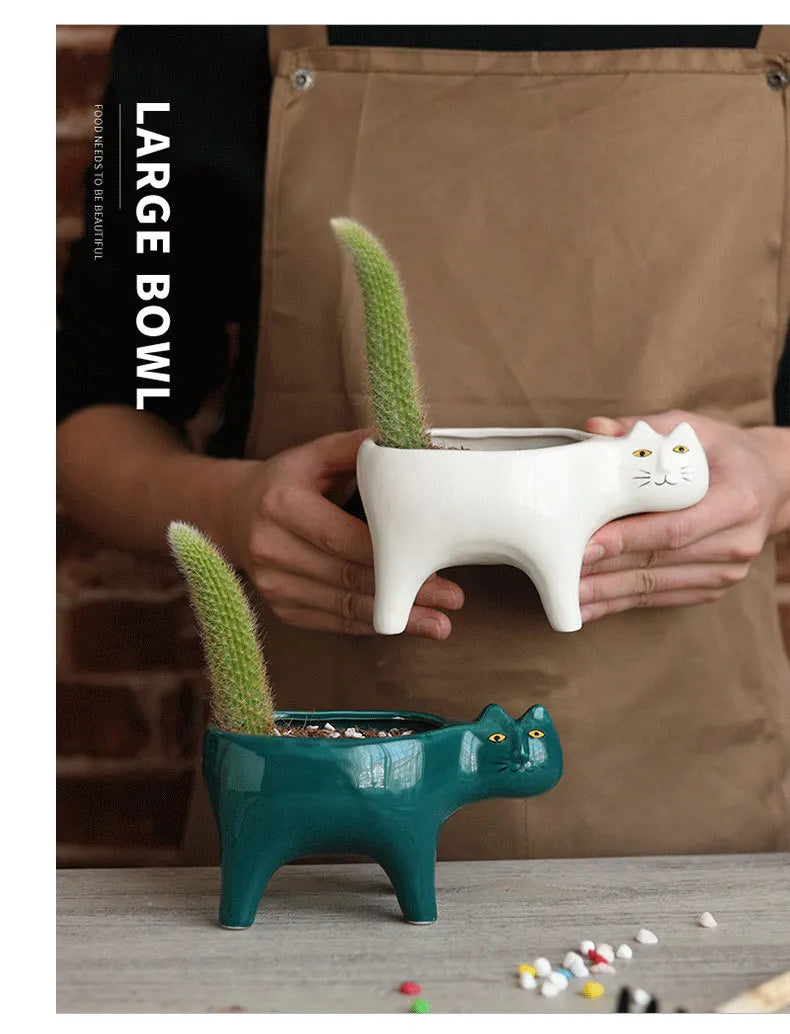 Cute Cat Ceramic Garden Flower Pot Animal Image Cactus Plants Planter Succulent Plant Container Tabletop Ornaments Decoration