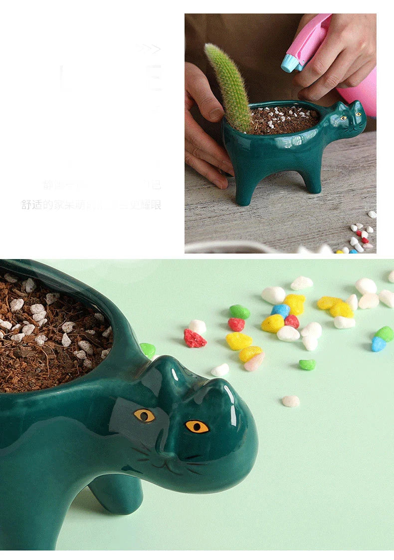 Cute Cat Ceramic Garden Flower Pot Animal Image Cactus Plants Planter Succulent Plant Container Tabletop Ornaments Decoration
