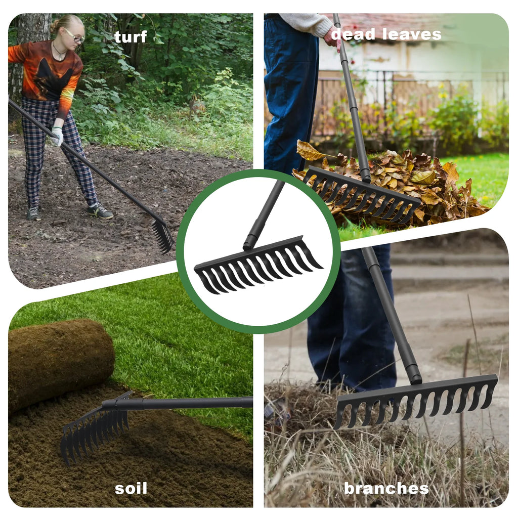 Garden Thatch Rake with 60 Inch Adjustable Long Handle,17 Inch Wide Heavy Duty Metal Bow Rakes for Gardening, Lawn Leveling