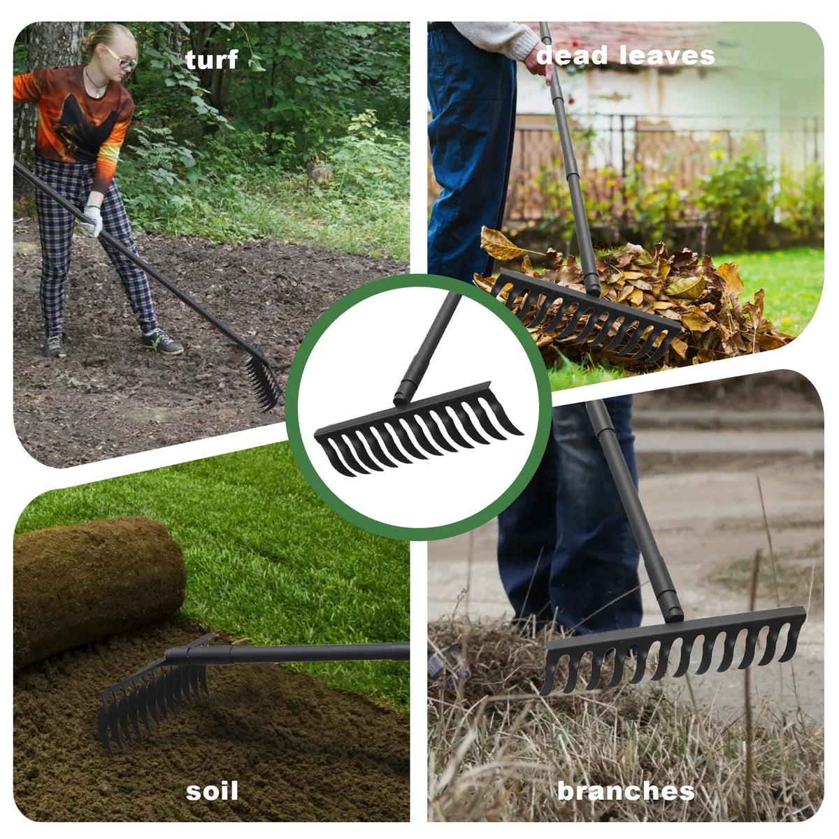 Garden Thatch Rake with 60 Inch Adjustable Long Handle,17 Inch Wide Heavy Duty Metal Bow Rakes for Gardening, Lawn Leveling