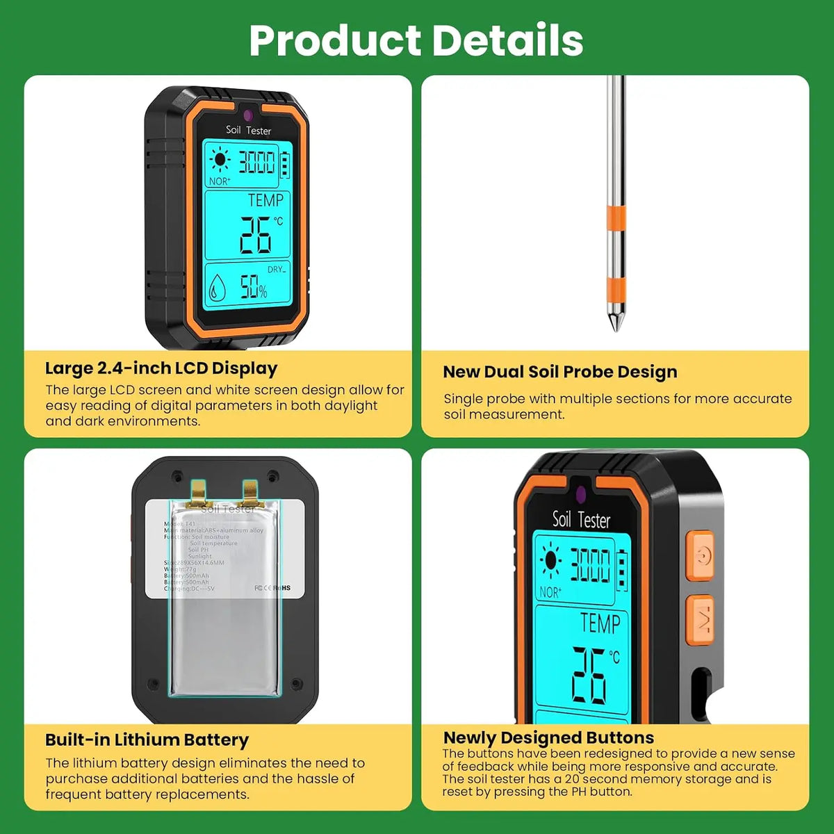PH Meter Earth Plant Soil Meter with Value/Temperature/Humidity/Light Tester Dual Probes for Gardening Farm Lawn Agriculture