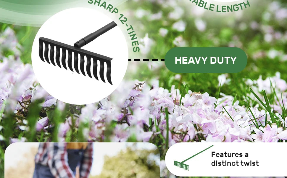 Garden Thatch Rake with 60 Inch Adjustable Long Handle,17 Inch Wide Heavy Duty Metal Bow Rakes for Gardening, Lawn Leveling