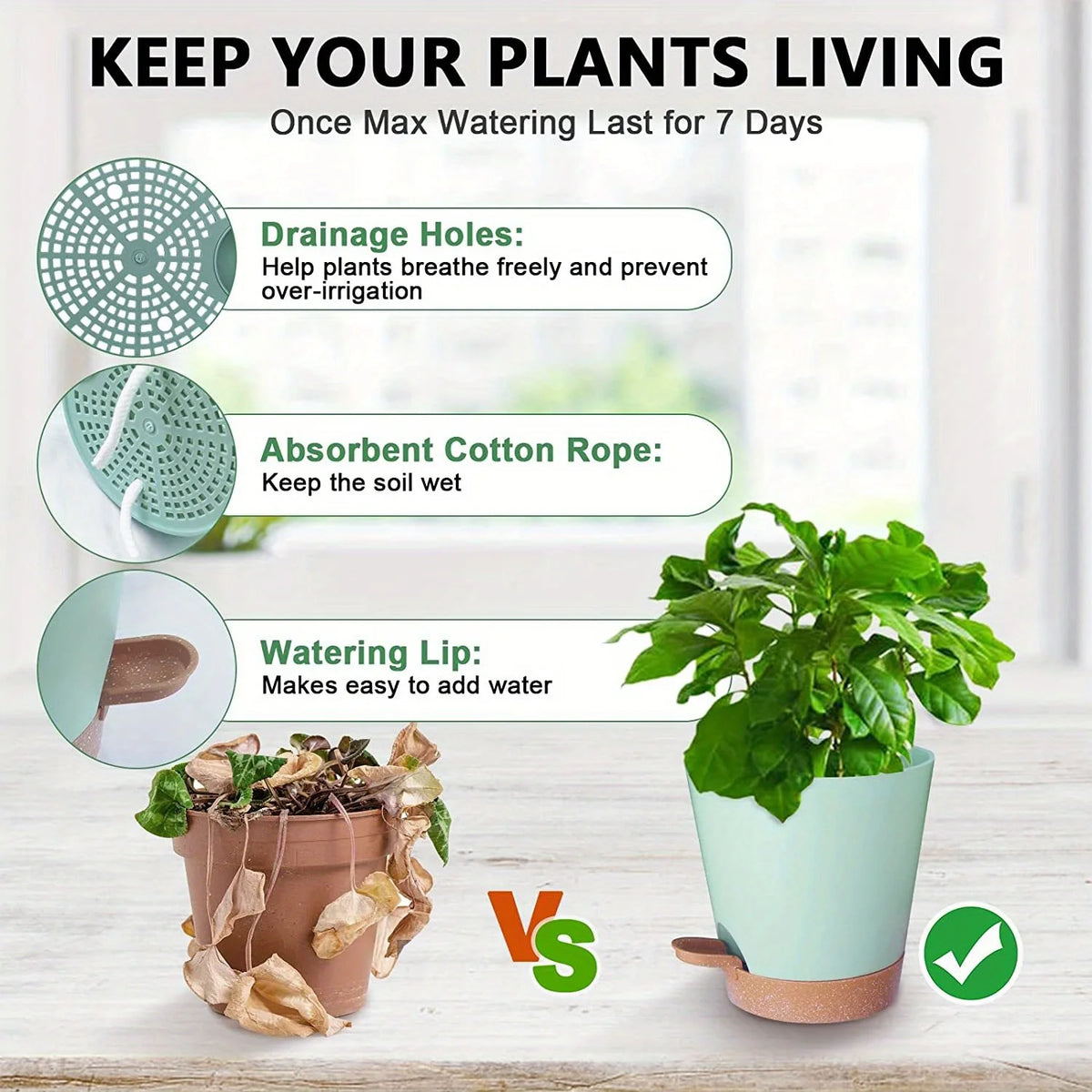 5pcs Plant Pots Self Watering Planters For Indoor Plants With Drainage Hole, Nursery Planting Pot Plastic 7/6.5/6/5.5/5 Inches