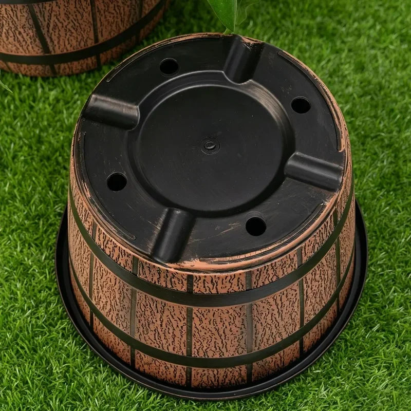 Imitation Wood Flower Pot Plastic Barrel Planter Retro Wooden Barrel Planters Garden Pots for Soil Planting Flowers Bonsai Pots