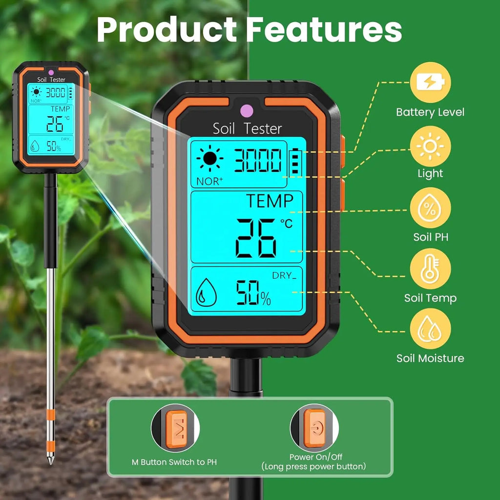 PH Meter Earth Plant Soil Meter with Value/Temperature/Humidity/Light Tester Dual Probes for Gardening Farm Lawn Agriculture