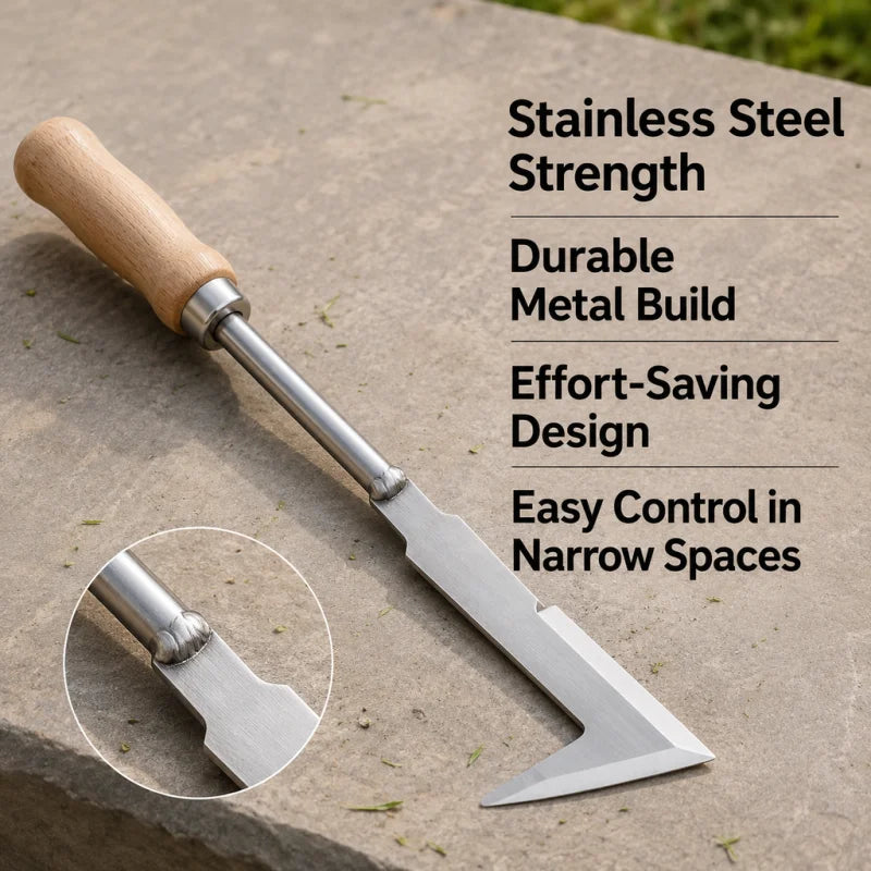 Stainless steel gap weeding tool, L-shaped multi-purpose garden hand tool, used for clearing weeds in yards, terraces, and lanes