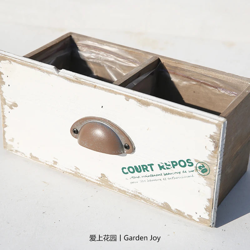Japanese Retro Flower Vessels Wooden Double Compartment Planter Garden Succulent Container Patio Decorative Ornament for Indoor