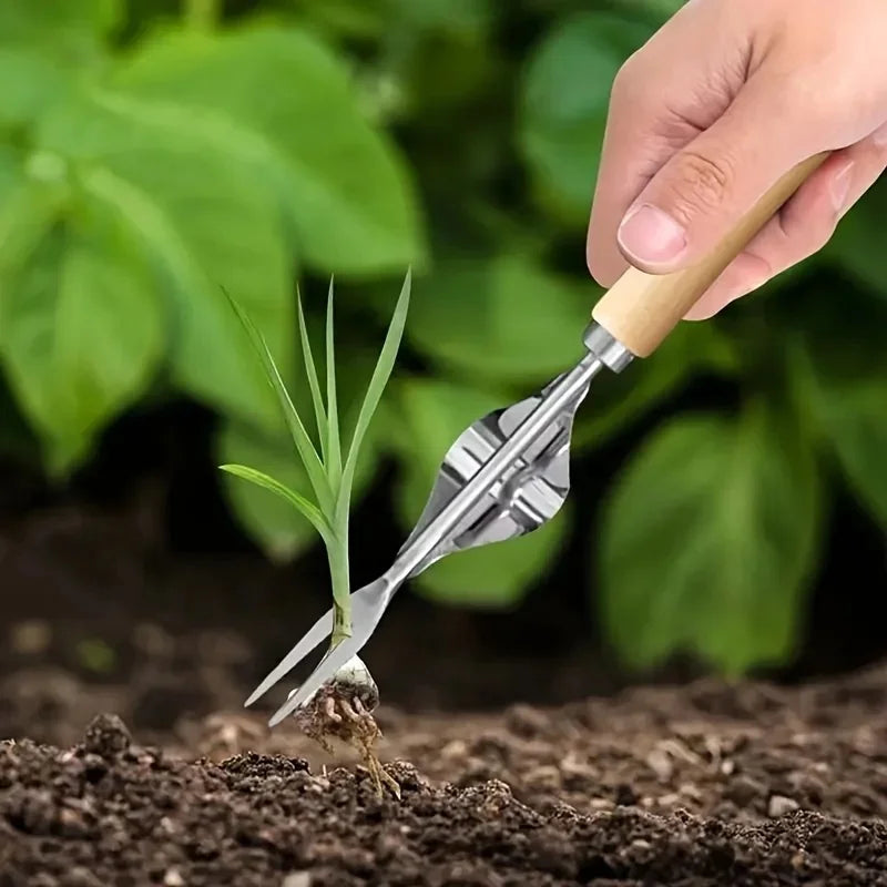 Multipurpose hand weeder with ergonomic wooden‑grip and stainless‑steel body, easily uproots dandelions and common weeds for law