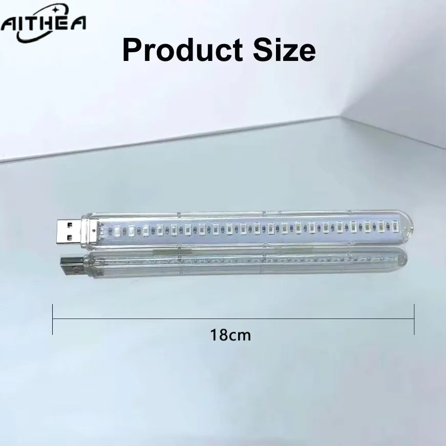 18cm portable AITHEA USB LED grow light bar with a clear plastic casing and visible internal light diodes for indoor plants.