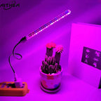 AITHEA portable USB LED grow light bar with a flexible neck illuminating a small potted cactus in vibrant purple light.