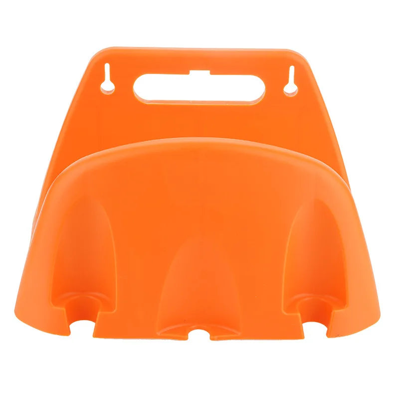 A wall mounted garden hose rack made of heavy-duty plastic for storing outdoor garden watering and irrigation tools
