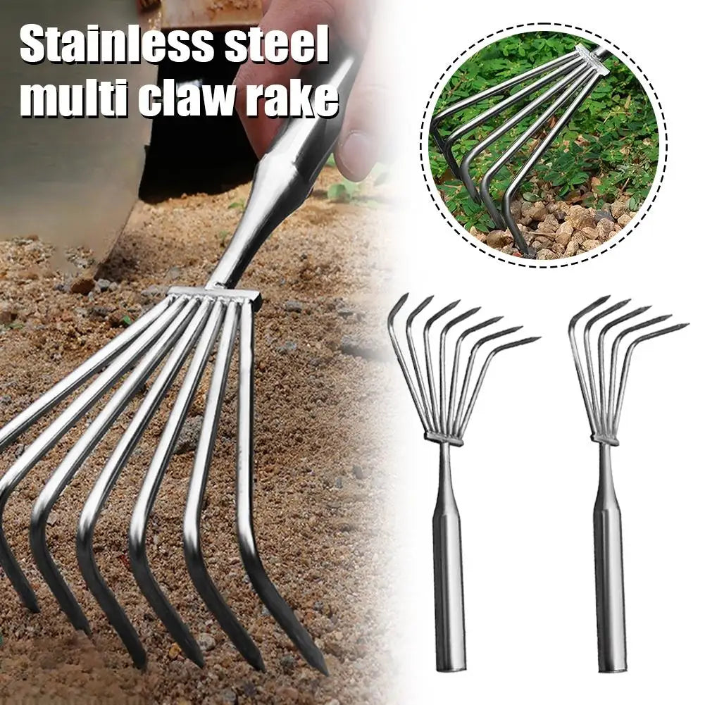 Garden Stainless Steel Hand Rake Manual Integrated Small Leaf Rakes Gardening Tool Multi-Claw Soil Rake For Planting Vegetable