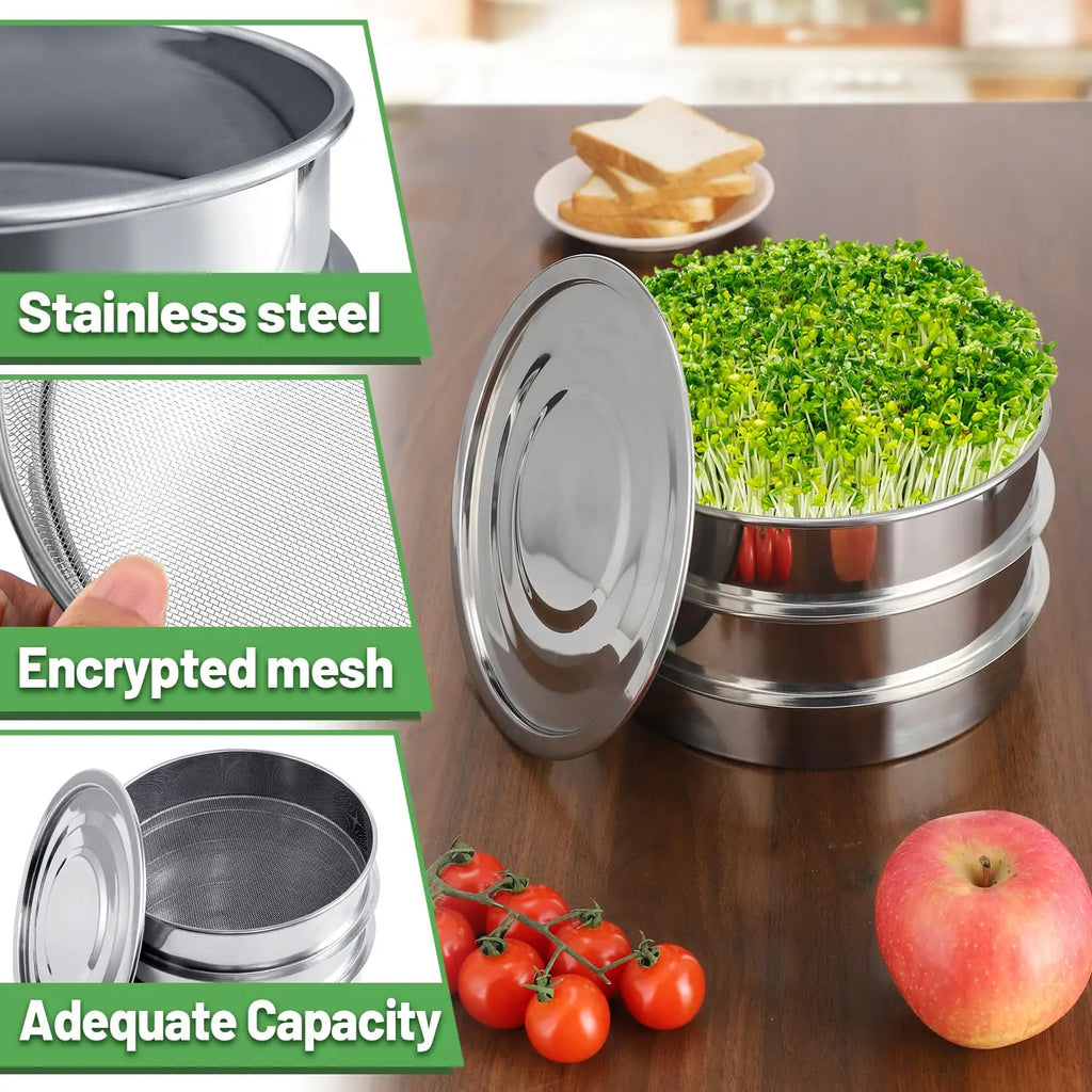 Stainless Steel Seed Sprouting Kit 3-Tier Microgreens Growing Tray 6.5/8.5 in Dia Stackable Round Sprouter Maker Sprouts Grower