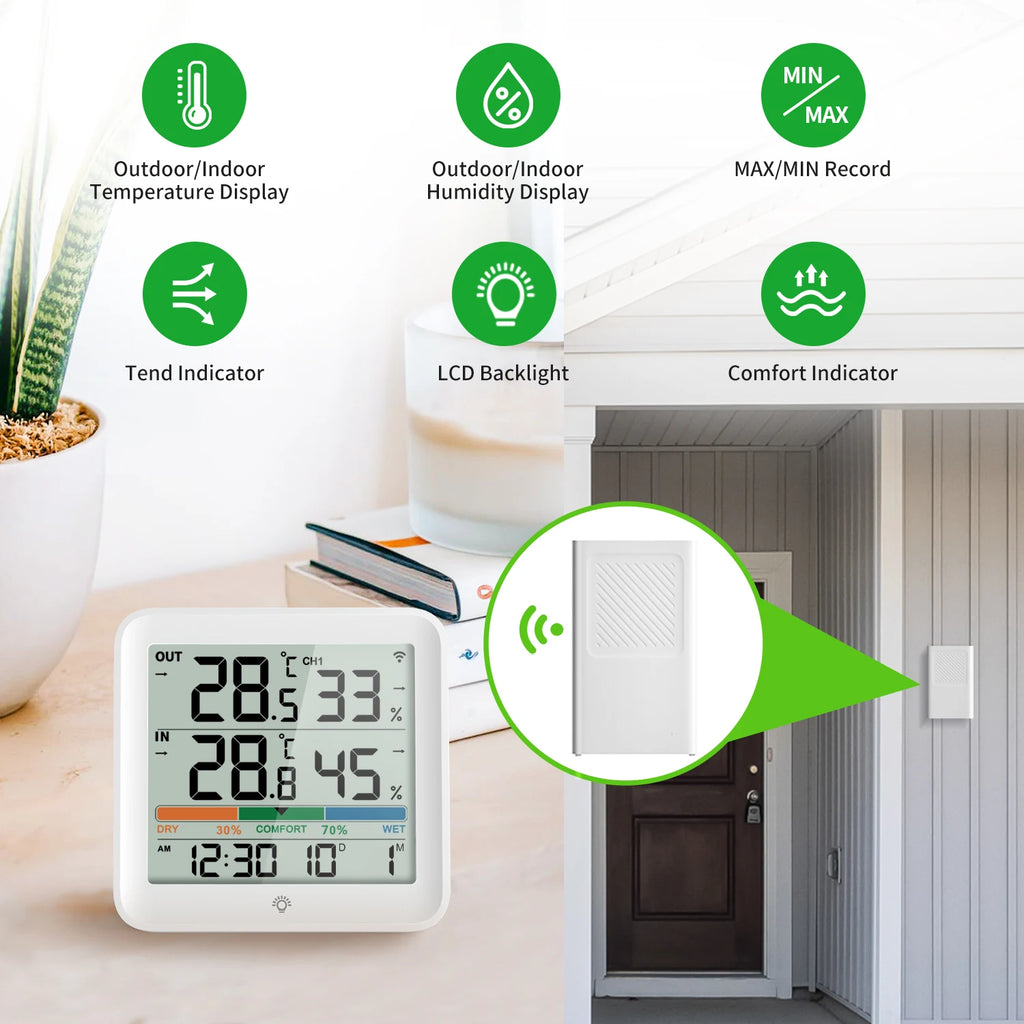 Wireless Indoor Outdoor Thermometer Hygrometer Digital Temperature Humidity Monitor With Remote Sensor Home Weather Station