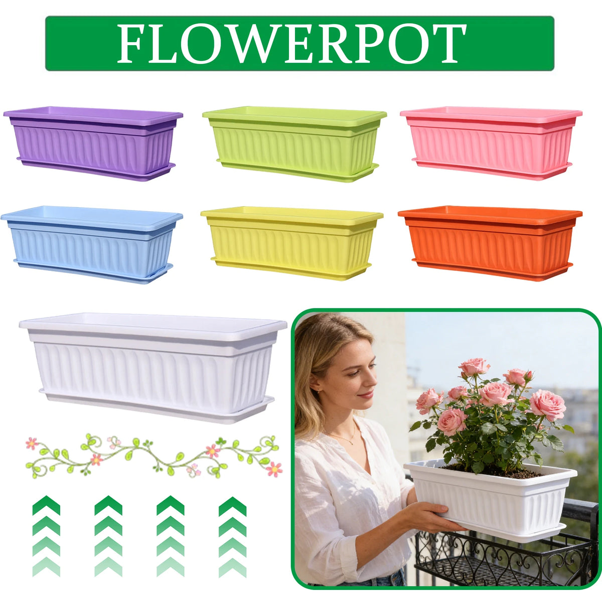 Rectangular Plastic Flower Pot Garden Planter Vegetable Planting Container for Home Patio Balcony Decoration