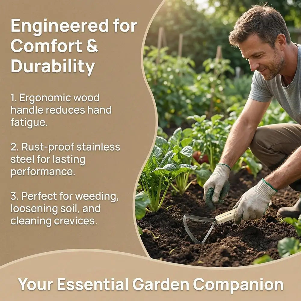 Manual Weeding Scraper with Wood Handle, Stainless Steel Tool for Removing Weeds from Lawn & Cracks