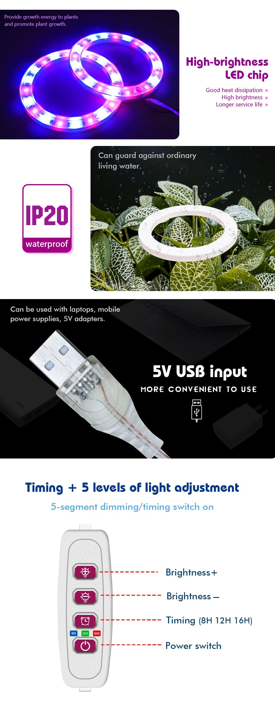 LED Ring Grow Lights Indoor Plants Full Spectrum Height Adjustable Plant Light for Indoor Plants 5V USB Growing Lamp