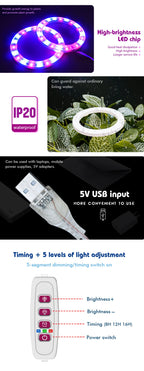 LED Ring Grow Lights Indoor Plants Full Spectrum Height Adjustable Plant Light for Indoor Plants 5V USB Growing Lamp