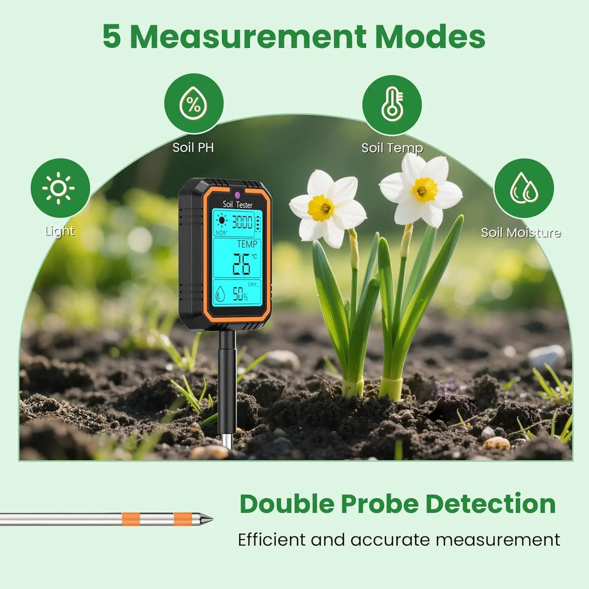 PH Meter Earth Plant Soil Meter with Value/Temperature/Humidity/Light Tester Dual Probes for Gardening Farm Lawn Agriculture