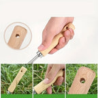 Multipurpose hand weeder with ergonomic wooden‑grip and stainless‑steel body, easily uproots dandelions and common weeds for law