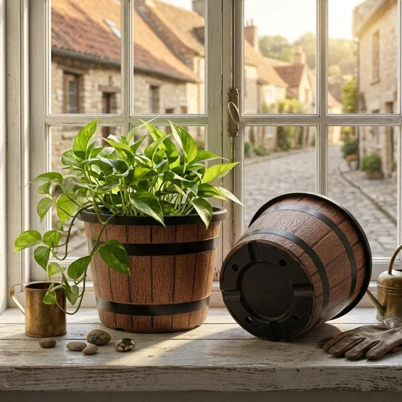 Imitation Wood Flower Pot Plastic Barrel Planter Retro Wooden Barrel Planters Garden Pots for Soil Planting Flowers Bonsai Pots