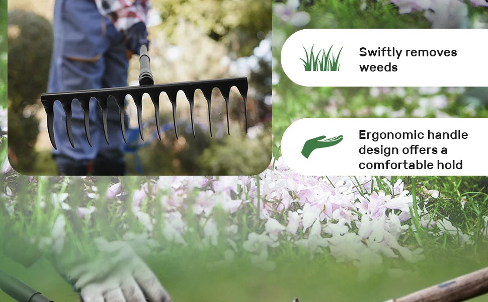 Garden Thatch Rake with 60 Inch Adjustable Long Handle,17 Inch Wide Heavy Duty Metal Bow Rakes for Gardening, Lawn Leveling