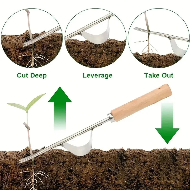 Multipurpose hand weeder with ergonomic wooden‑grip and stainless‑steel body, easily uproots dandelions and common weeds for law