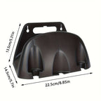A wall mounted garden hose rack made of heavy-duty plastic for storing outdoor garden watering and irrigation tools
