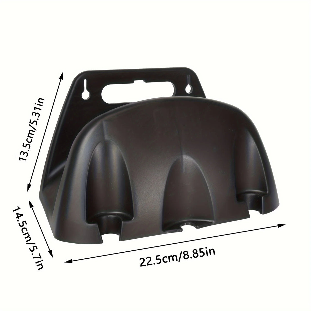 A wall mounted garden hose rack made of heavy-duty plastic for storing outdoor garden watering and irrigation tools