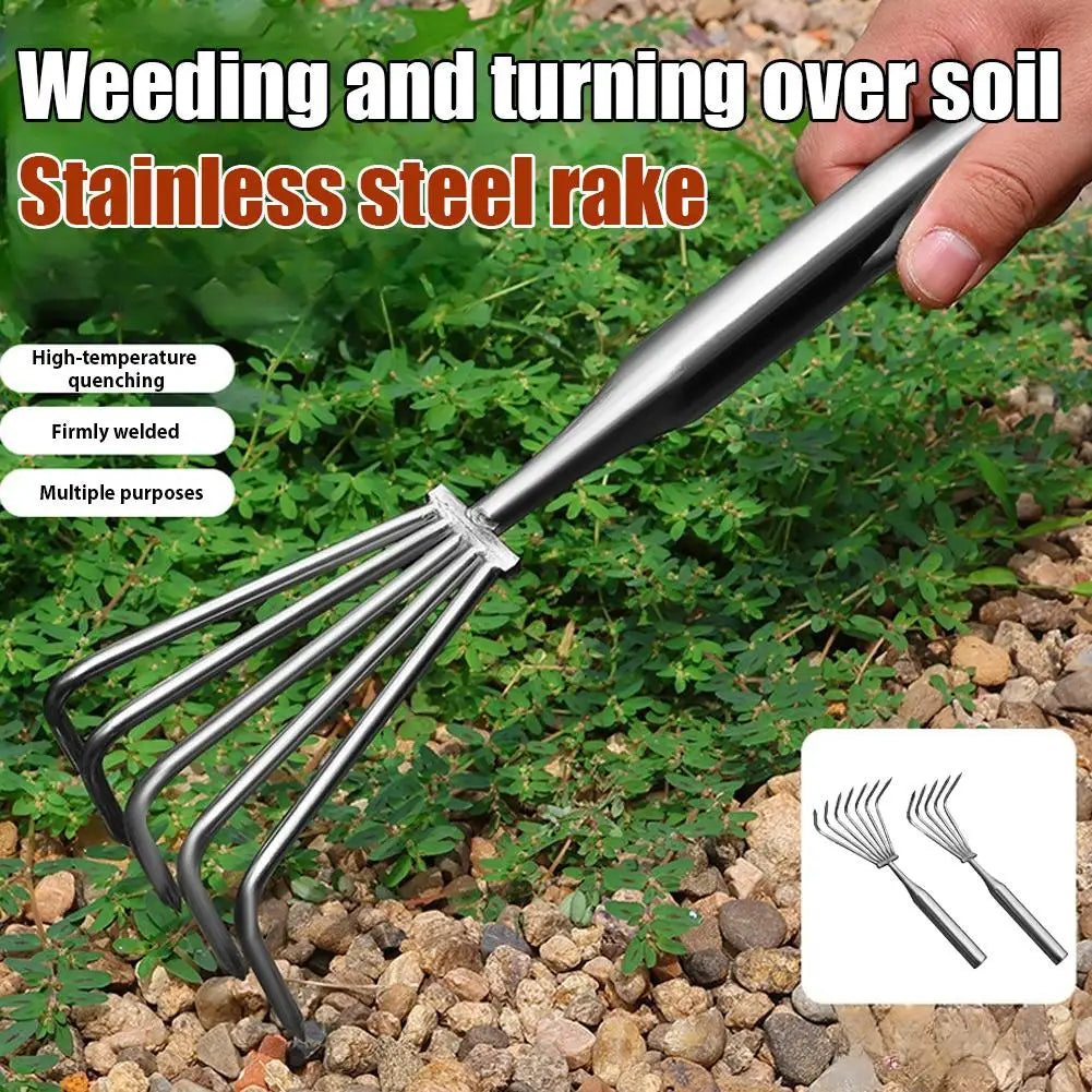 Garden Stainless Steel Hand Rake Manual Integrated Small Leaf Rakes Gardening Tool Multi-Claw Soil Rake For Planting Vegetable