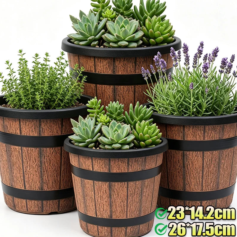 Imitation Wood Flower Pot Plastic Barrel Planter Retro Wooden Barrel Planters Garden Pots for Soil Planting Flowers Bonsai Pots