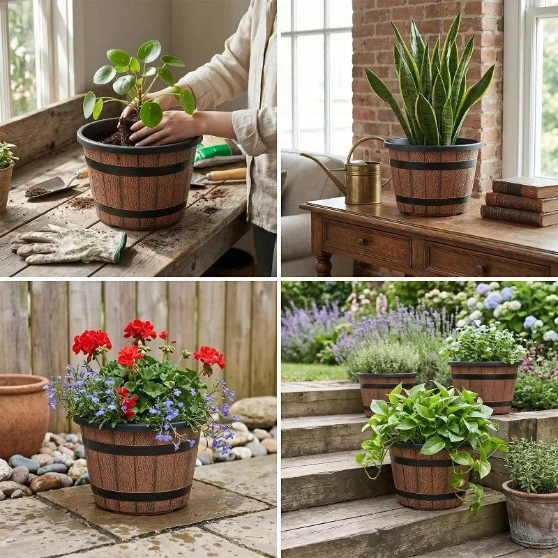 Imitation Wood Flower Pot Plastic Barrel Planter Retro Wooden Barrel Planters Garden Pots for Soil Planting Flowers Bonsai Pots