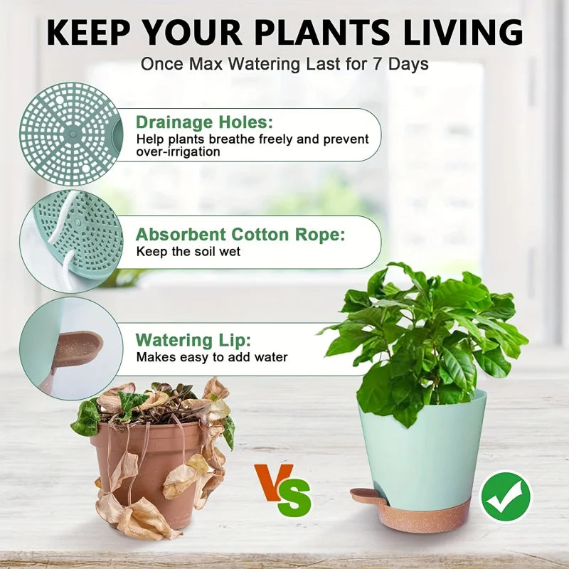 5pcs Plant Pots Self Watering Planters For Indoor Plants With Drainage Hole, Nursery Planting Pot Plastic 7/6.5/6/5.5/5 Inches