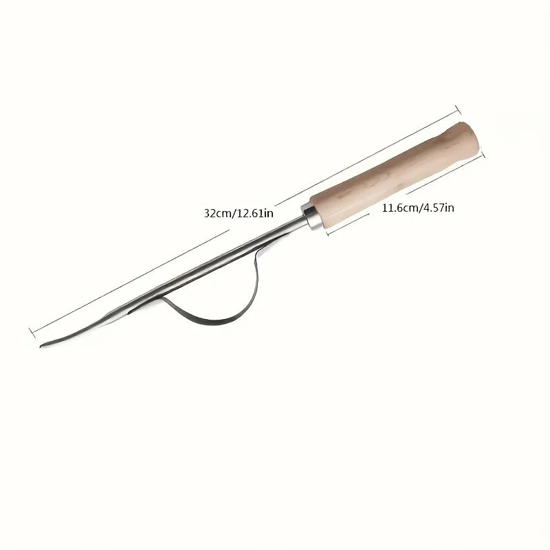 Multipurpose hand weeder with ergonomic wooden‑grip and stainless‑steel body, easily uproots dandelions and common weeds for law