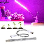 AITHEA portable USB LED grow light bar with a flexible silver neck, emitting a red and blue spectrum for indoor plants.