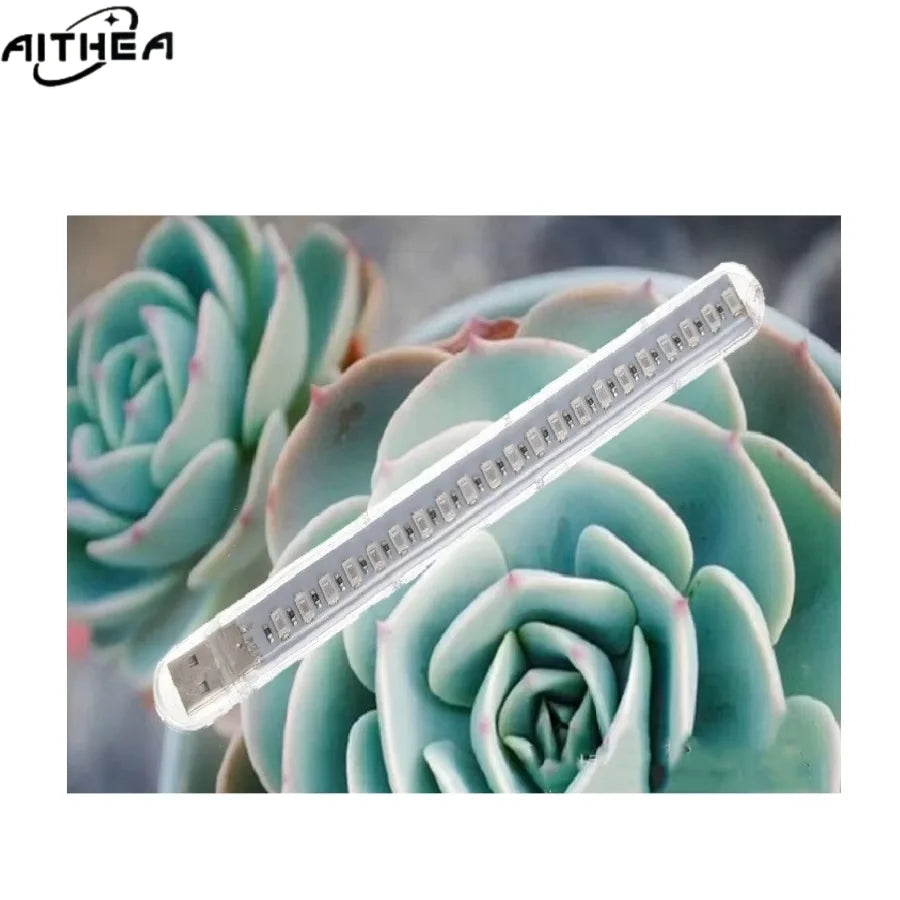 AITHEA portable USB LED grow light bar with a clear plastic casing, positioned over a green succulent plant.