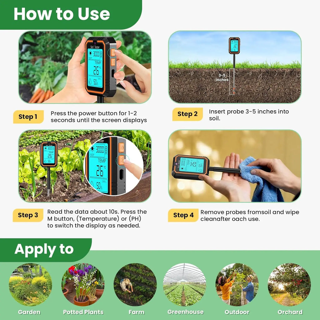 PH Meter Earth Plant Soil Meter with Value/Temperature/Humidity/Light Tester Dual Probes for Gardening Farm Lawn Agriculture