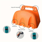 A wall mounted garden hose rack made of heavy-duty plastic for storing outdoor garden watering and irrigation tools
