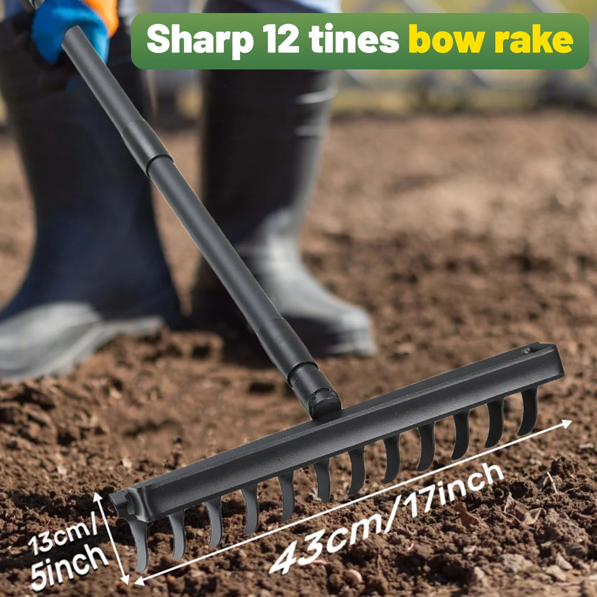 Garden Thatch Rake with 60 Inch Adjustable Long Handle,17 Inch Wide Heavy Duty Metal Bow Rakes for Gardening, Lawn Leveling