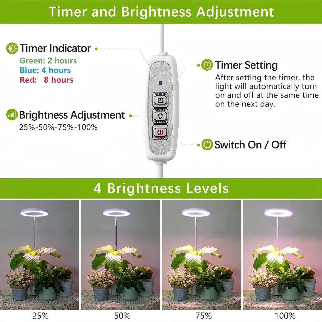 Plant Grow Light,LED Growing Light Full Spectrum for Indoor Plants,Height Adjustable, Automatic Timer, 5V Low Safe Volta