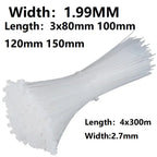 100Pcs 3x80mm 100mm 120mm 150mm 200mm 4x300mm Nylon Plastic Cable Ties Self-Locking Long Wide Extra Large Zip Ties White
