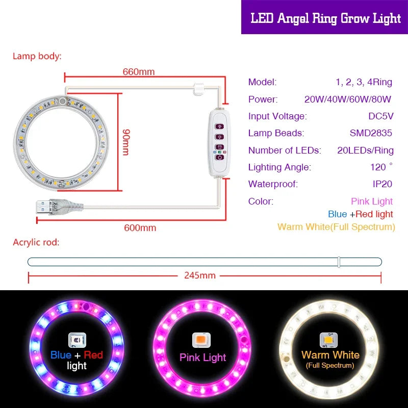 LED Ring Grow Lights Indoor Plants Full Spectrum Height Adjustable Plant Light for Indoor Plants 5V USB Growing Lamp
