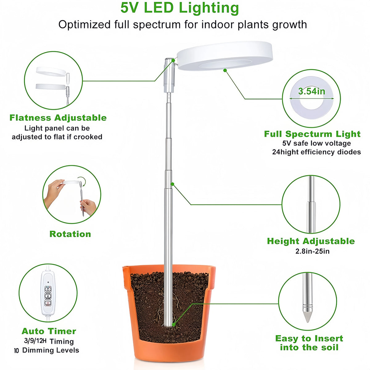 Plant Grow Light,LED Growing Light Full Spectrum for Indoor Plants,Height Adjustable, Automatic Timer, 5V Low Safe Volta