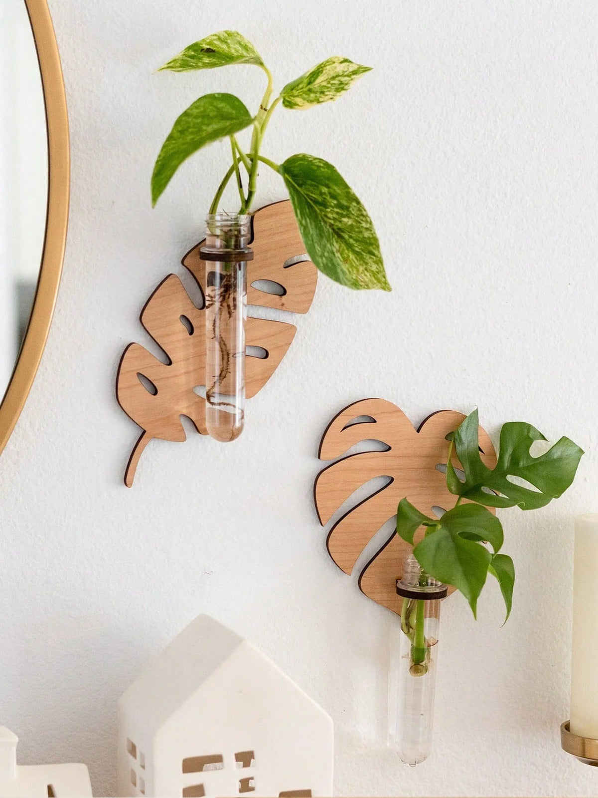 1/2 Pcs Leaf Shape Wall Planters Wooden Wall Hanging Plant Pots with Test Tube Vase Indoor Propagation Station Home Garden Decor