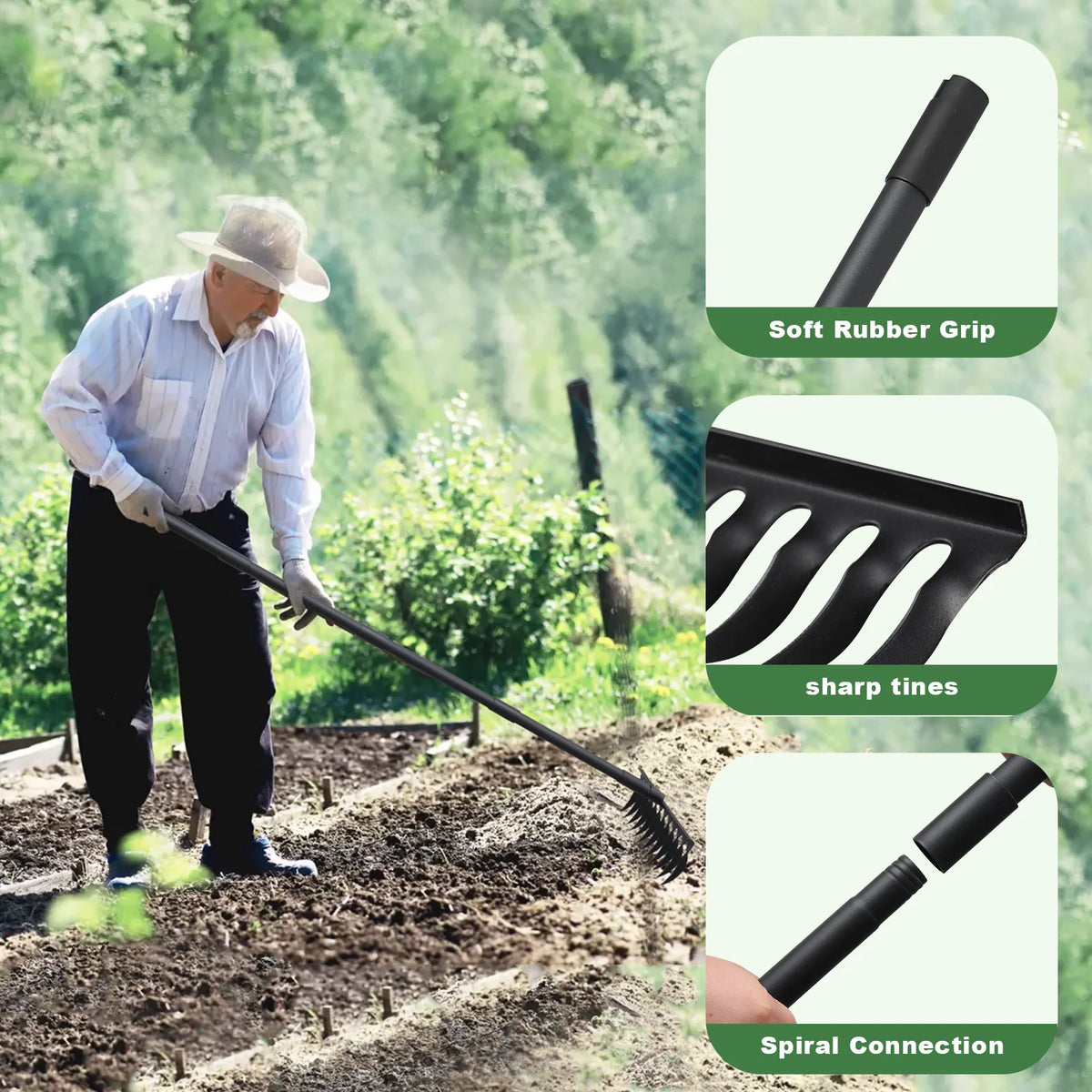 Garden Thatch Rake with 60 Inch Adjustable Long Handle,17 Inch Wide Heavy Duty Metal Bow Rakes for Gardening, Lawn Leveling
