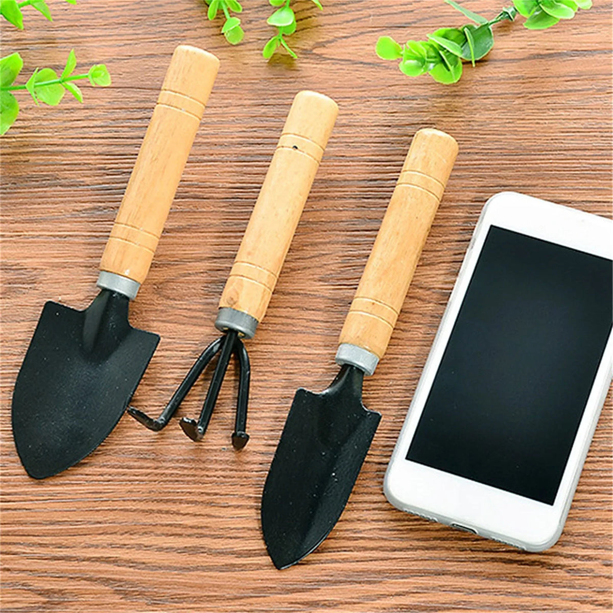 3-Piece Mini Garden Tools Set, Wooden Handle Shovel Rake Trowel for Succulent Plant Bonsai Care, Household Gardening Gift Idea