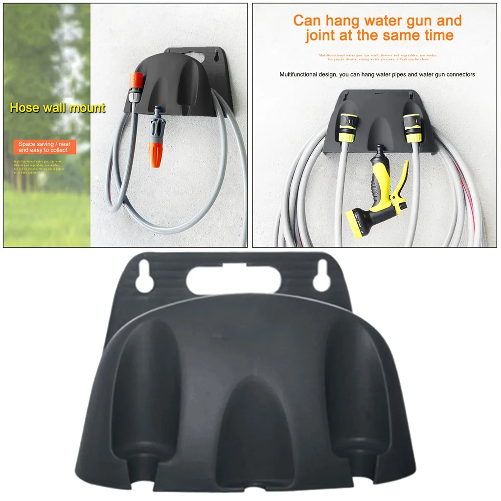 A wall mounted garden hose rack made of heavy-duty plastic for storing outdoor garden watering and irrigation tools